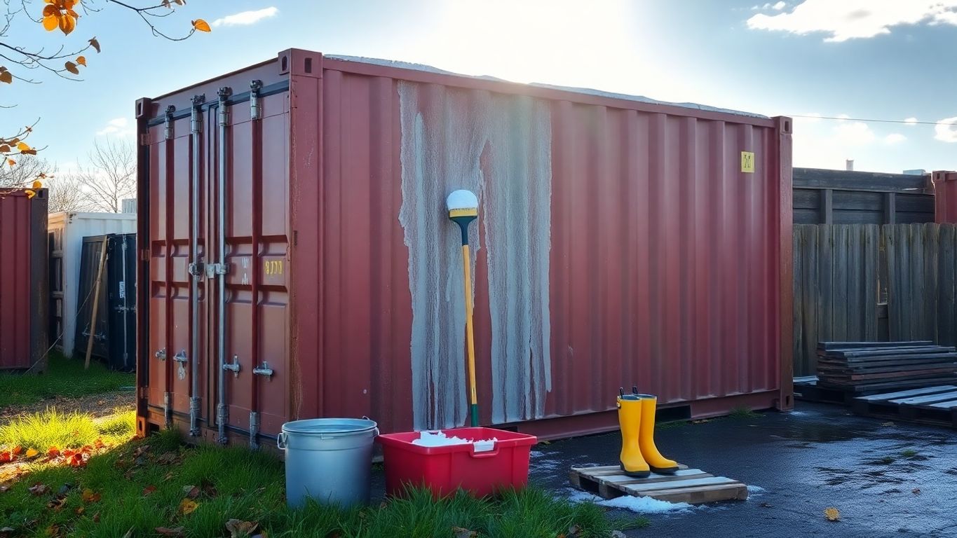 Sunlit shipping container, foam brush cleaning, leaves, snow, toolbox, boots