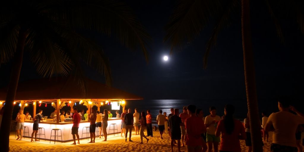 Lively Ao Nang beach bar at night with lights.