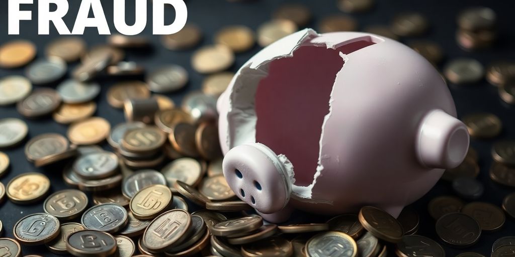 Shattered piggy bank and scattered coins on a surface.