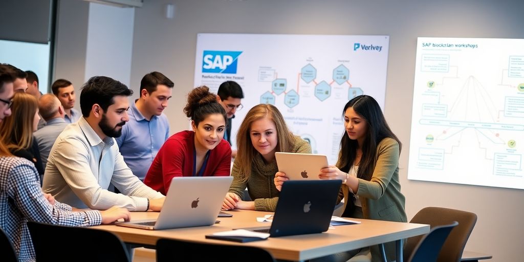 Group collaborating on sap blockchain projects in workshop.