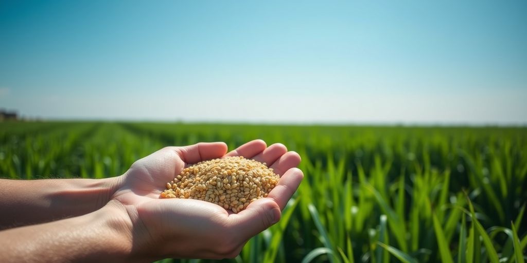Farmer holding sesame seeds in a field