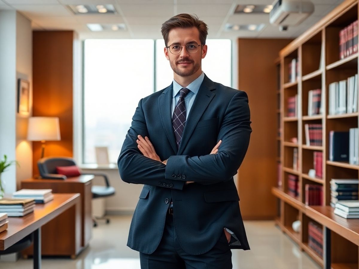 Avocat profesionist în birou modern, cărți legale în jur.