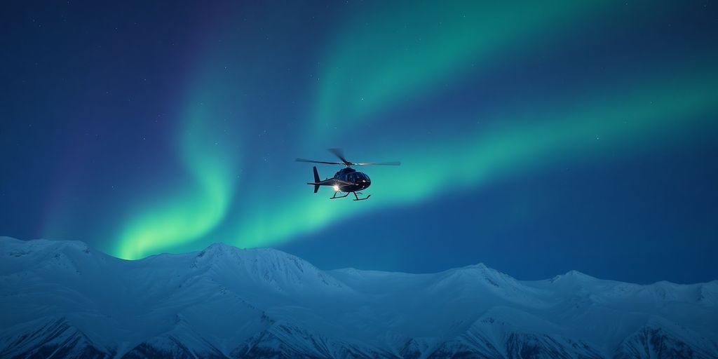A helicopter flies under the aurora borealis in Alaska.