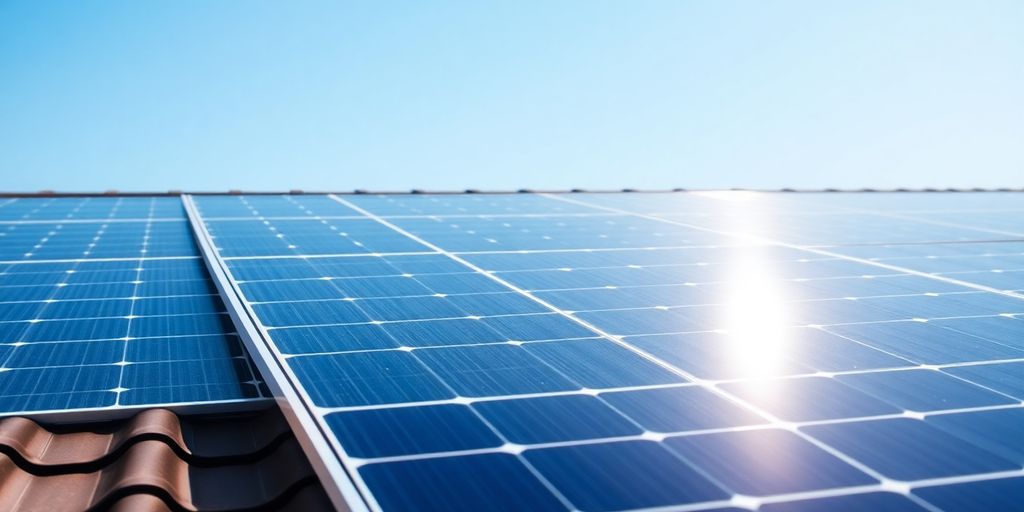 Solar panels installed on a roof under a blue sky.