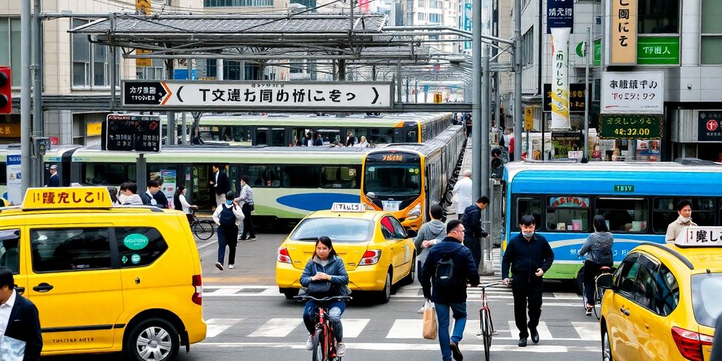 A busy Tokyo street with various transport options.