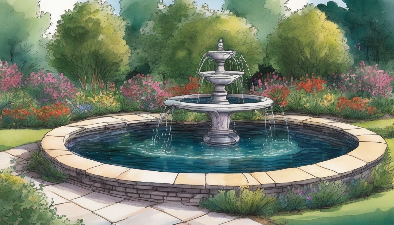 garden pond with fountain and lighting