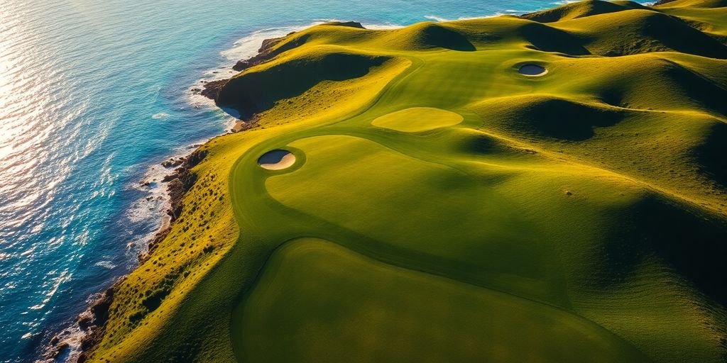 Lush green golf fairway with ocean view.