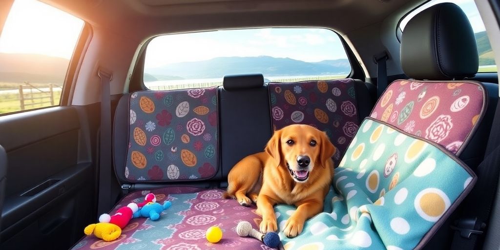 Dog on colorful back seat cover in car.