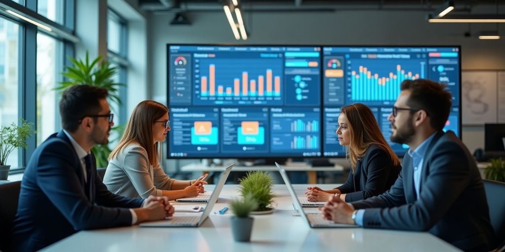 Profissionais trabalhando em um escritório moderno e tecnológico.