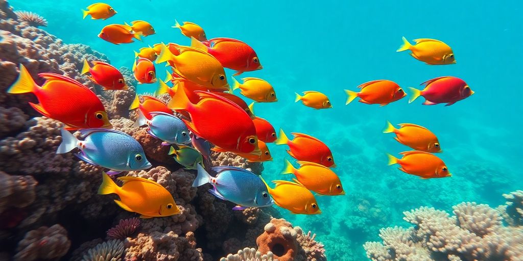 Colorful fish swim among coral reefs in clear blue water.