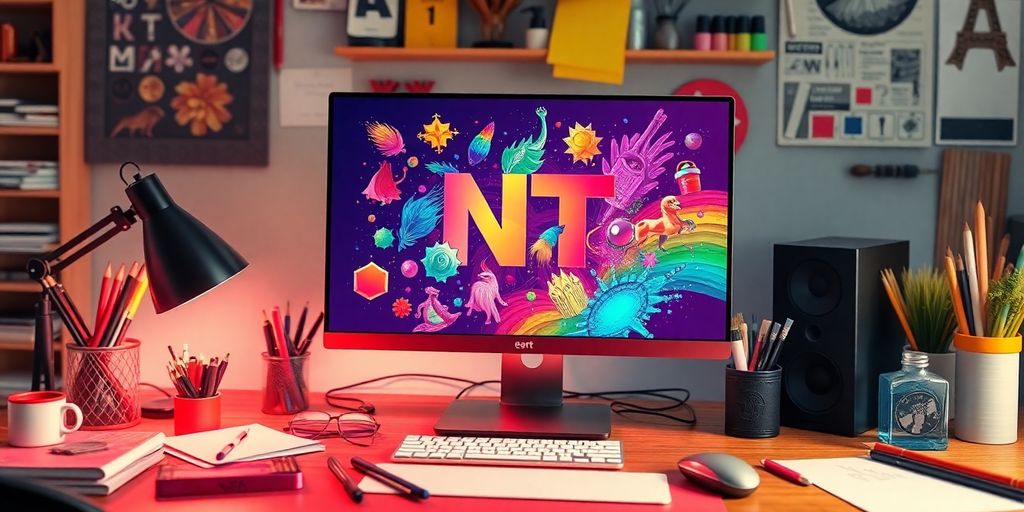 Digital artwork and computer setup for NFT creation.