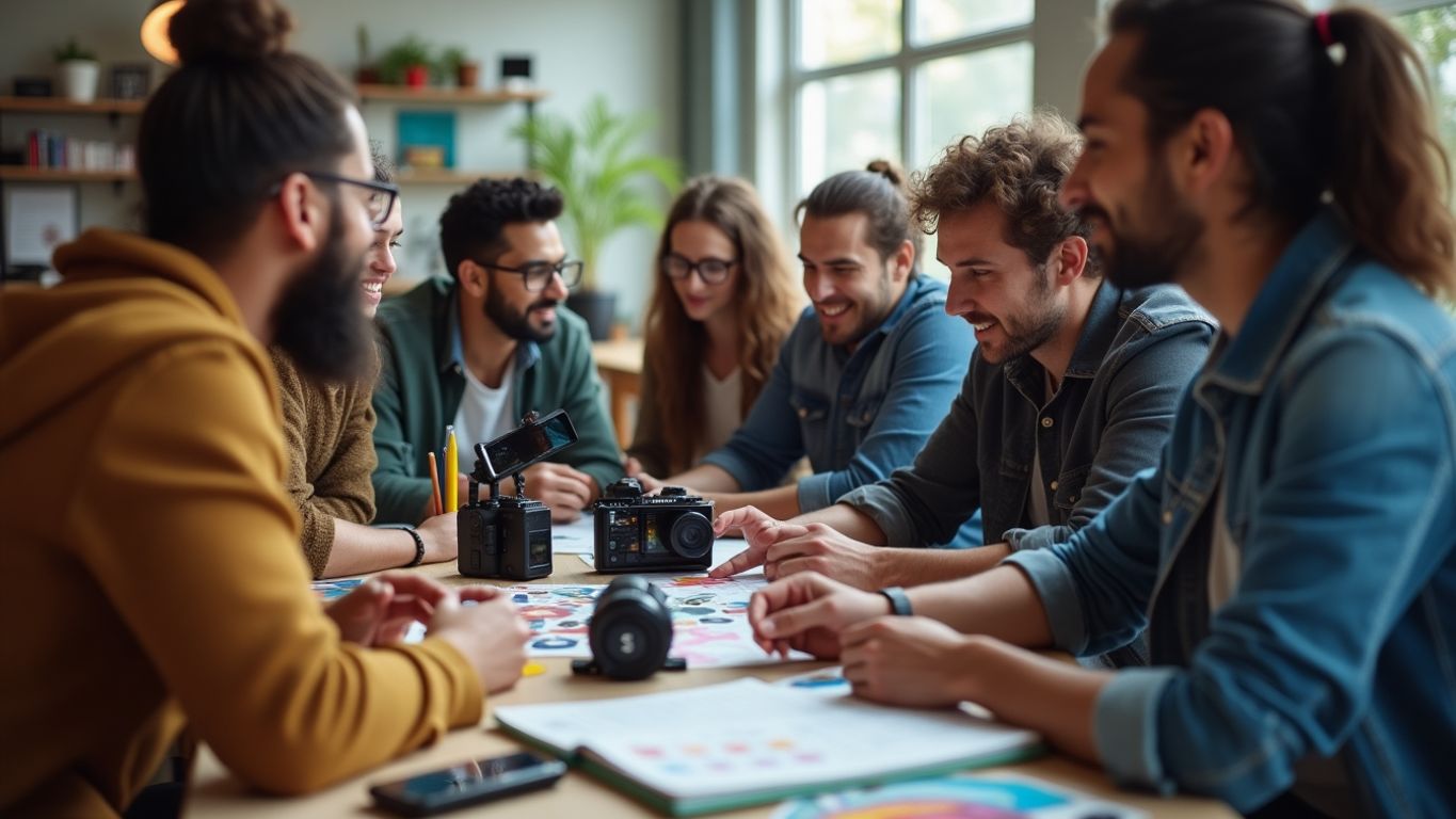 Diverse influencers collaborating in a creative workspace.