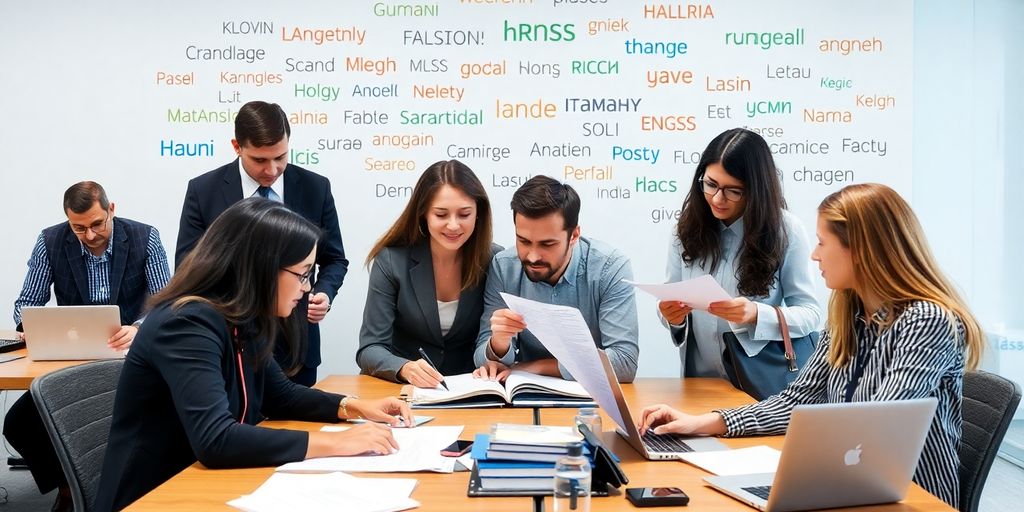 Diverse professionals collaborating on document translation in an office.