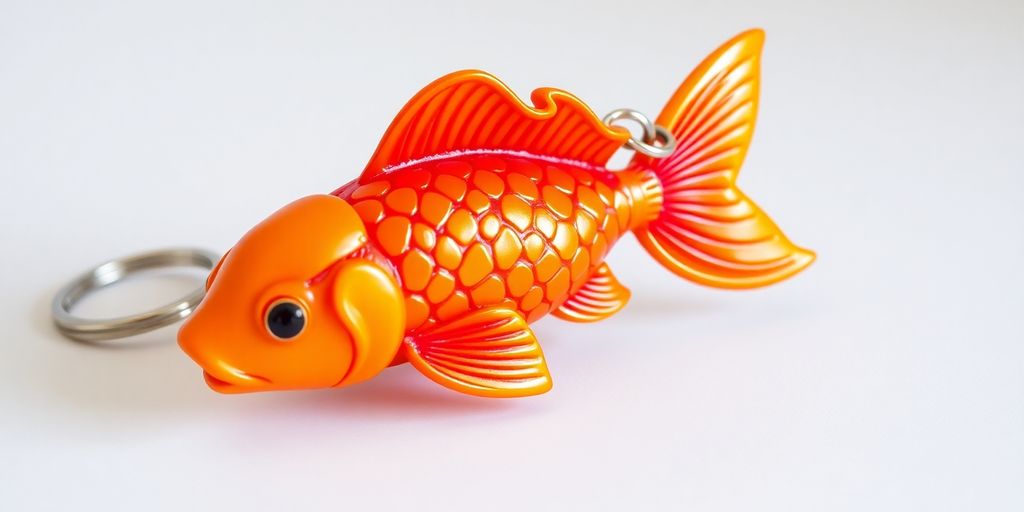 Colorful goldfish koi fish keychain on a neutral background.