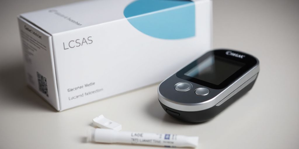 Glucometer and accessories on a neutral surface.