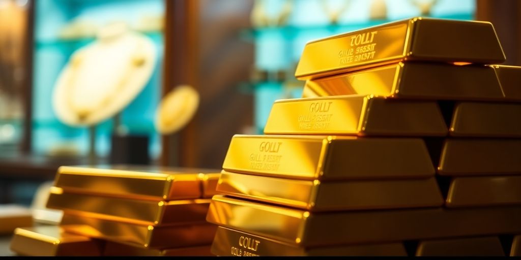 Des barres d'or empilées dans un magasin de bijoux.