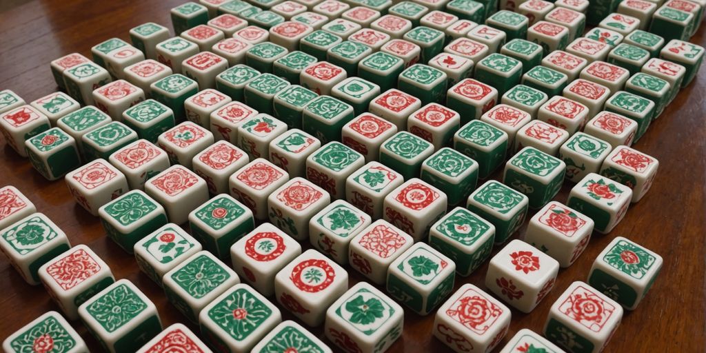 Giant mahjong tiles with intricate designs and vibrant colors.