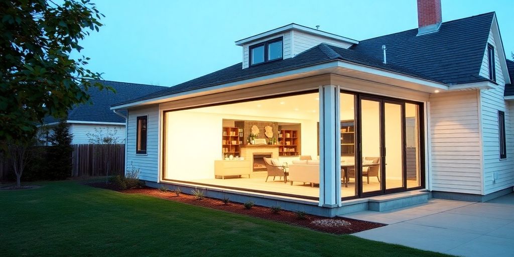 Modern home addition with large windows and new construction.