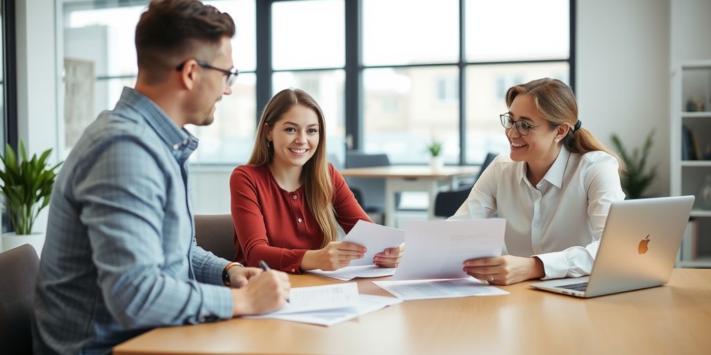 Couple with advisor discussing mortgage options.