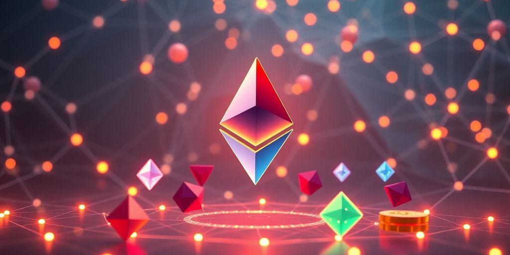 Glowing Ethereum logo, diverse digital NFTs, dynamic blockchain network.