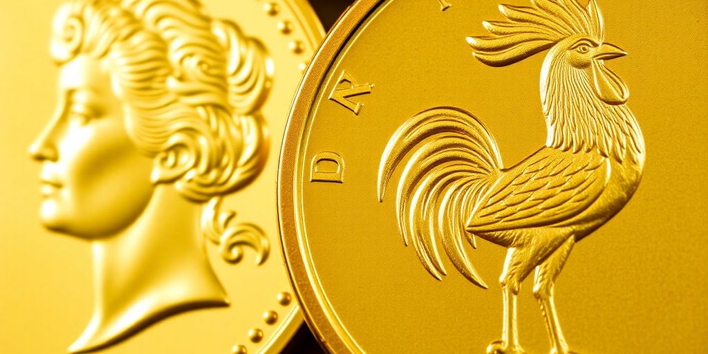 Deux pièces d'or suisses et françaises côte à côte.