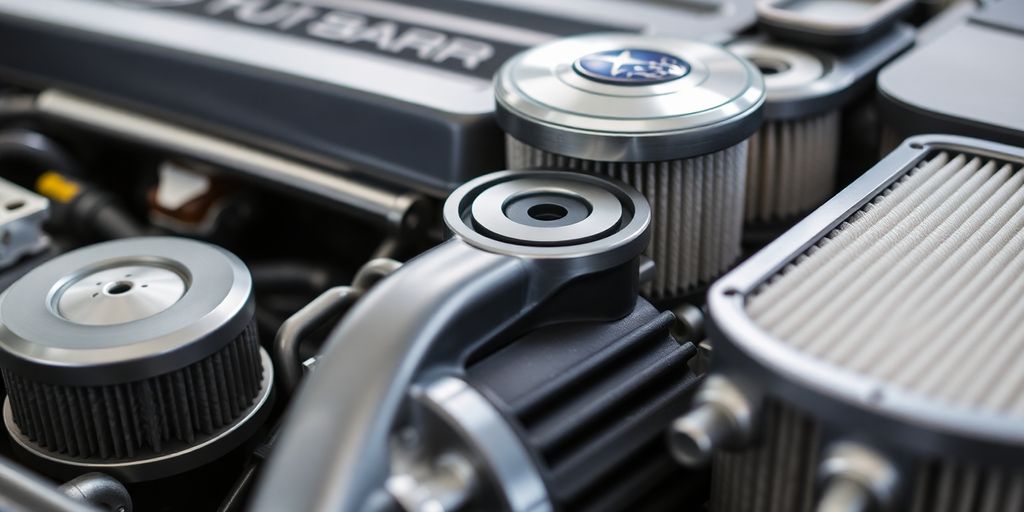 Close-up of various authentic Subaru spare parts.