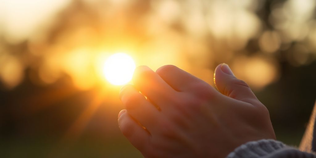 Sunrise illuminating hands clasped in prayer.