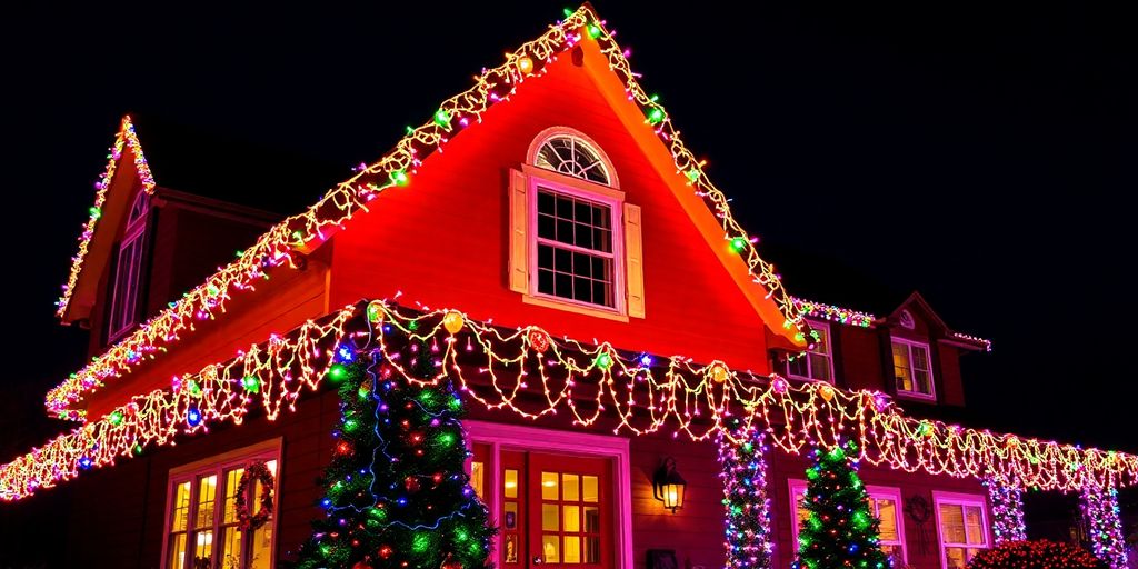 Festive house adorned with bright Christmas lights.