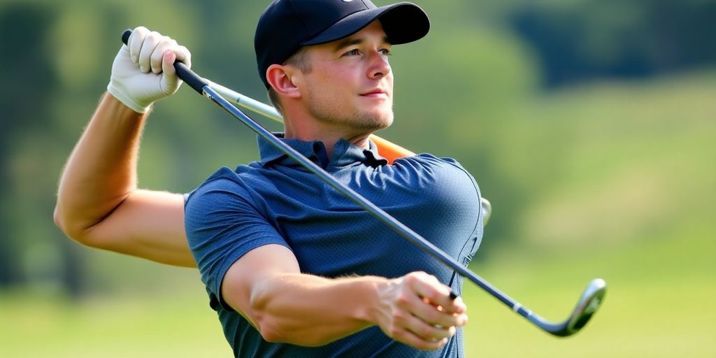 Golfer perfecting iron swing with a blurred green background.
