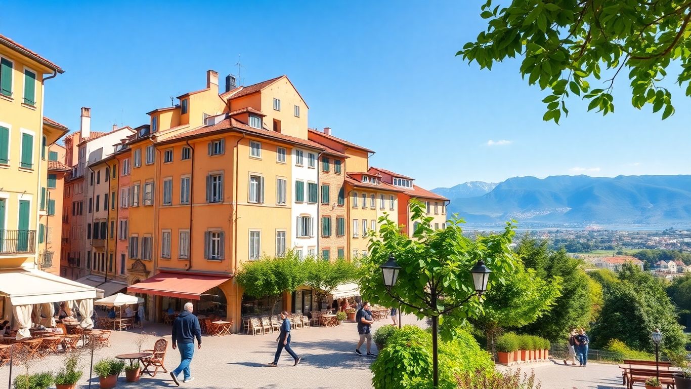 European city with colorful buildings and lively outdoor scene.