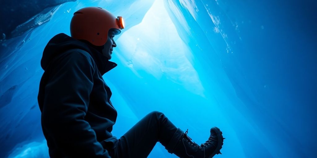 A person wearing a helmet and crampons inside an ice cave.