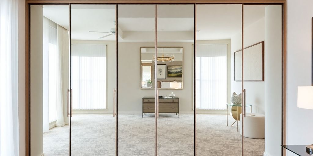 Modern room with stylish mirrored closet doors.
