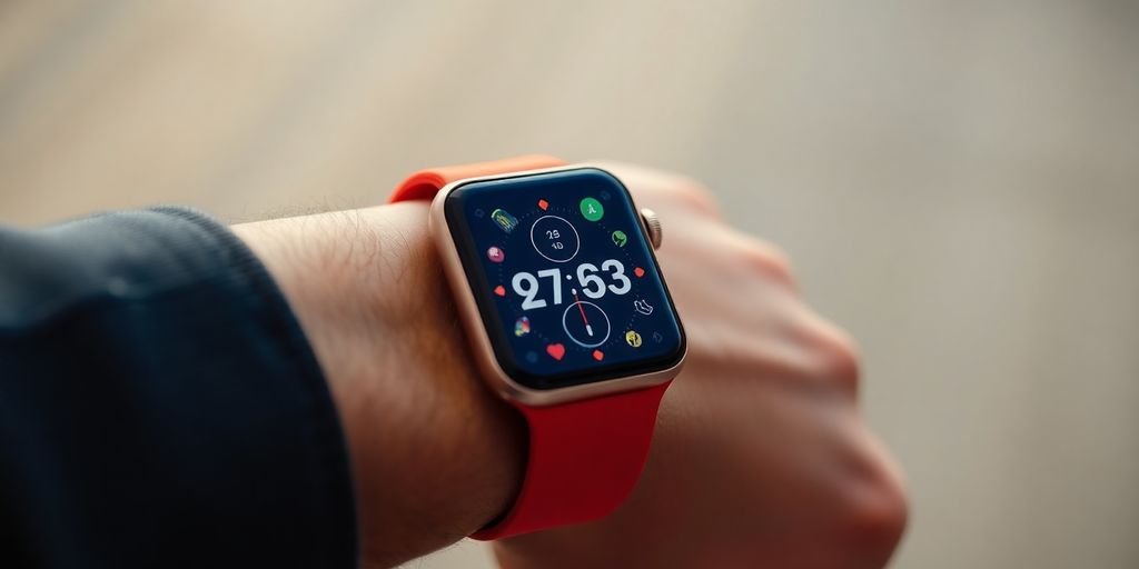 Imagem de um Apple Watch com métricas de saúde visíveis.