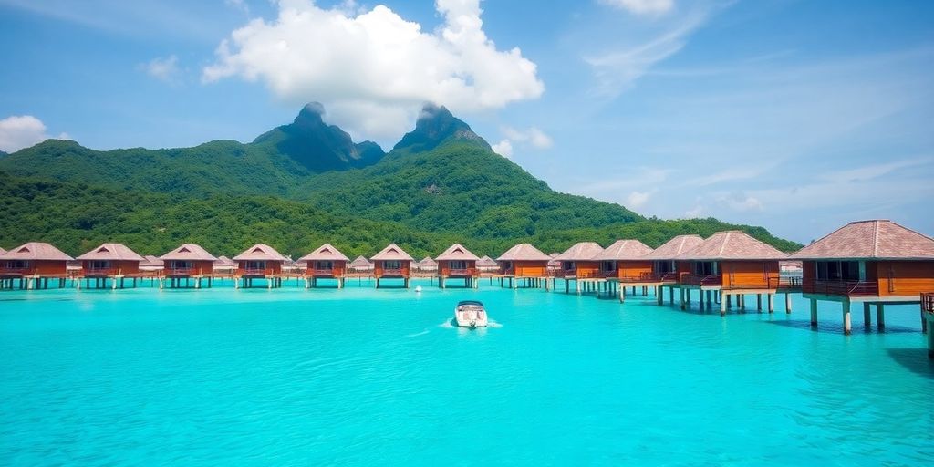 Overwater bungalows, clear turquoise water, lush green islands.