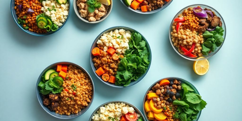 Colorful vegetarian lunch bowls overflowing with protein-rich ingredients.