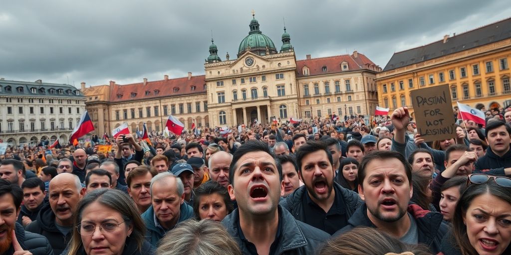 Crowd of protestors in a city square expressing outrage.