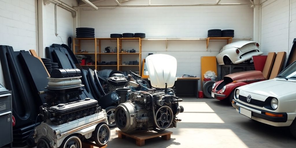 Volkswagen car parts laid out neatly.