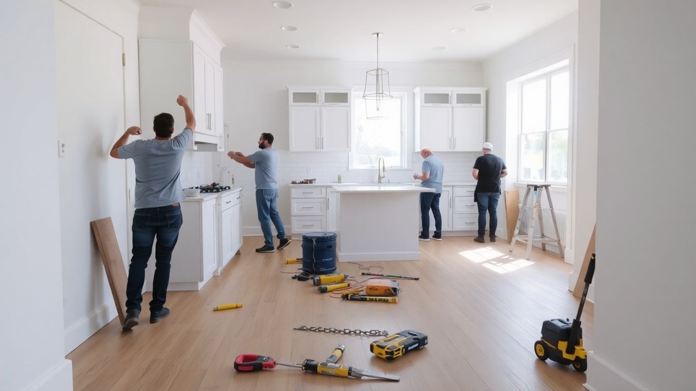 Home renovation with workers installing cabinets and materials