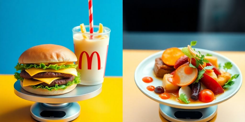 McDonald's Burger gegen Gourmet-Teller auf Waage