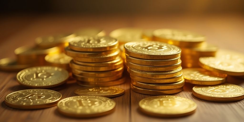 Pièces d'or empilées sur une table en bois.