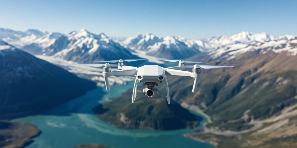 A WingtraOne Gen II drone flying over Alaskan mountains.