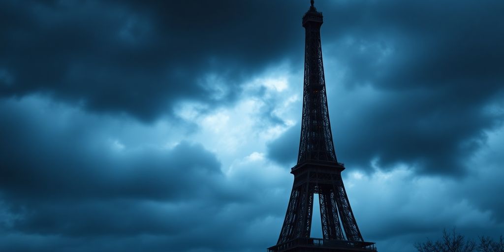 Tour Eiffel sous un ciel orageux.