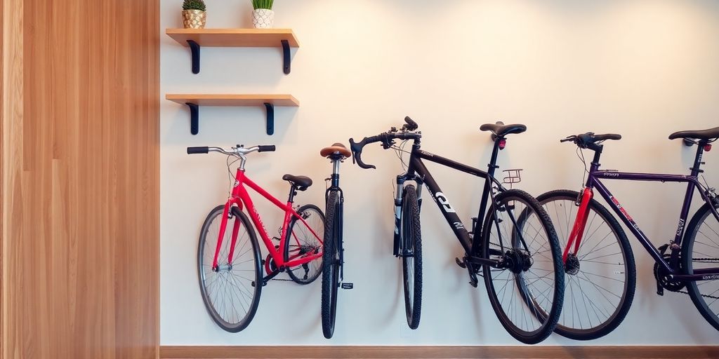 Bicycles mounted on stylish wall clips in an apartment.