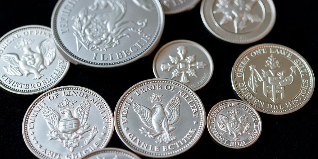 Pièces d'argent commémoratives sur un fond en velours.