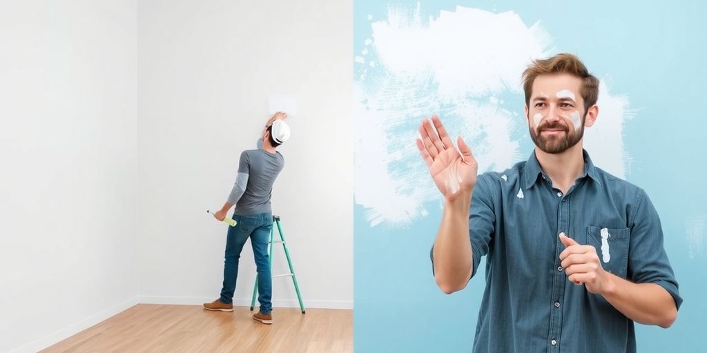 Painter vs DIYer comparing paint cans and tools.