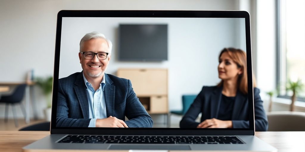 Laptop screen with coach and client faces.
