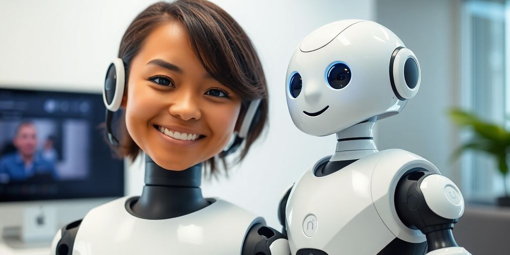 Pessoa sorrindo perto de um robô amigável.