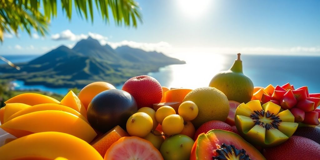 Vibrant tropical fruit platter overlooking a Marquesan bay.