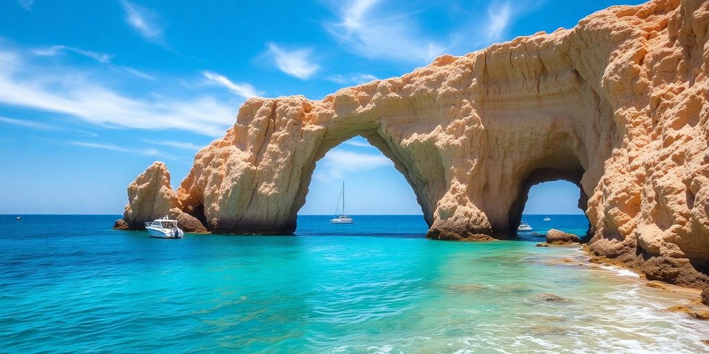 El Arco stone arch, ocean, boats, blue sky.