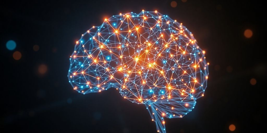 Abstract neural network patterns forming a complex luminous brain.